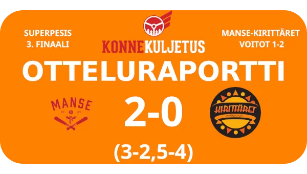 Kirittärien sisäpeli jäi tänään vähän telineisiin ja kun taas Manse petrasi ulkopeliään, se otti finaalien avausvoiton 1100 katsojan edessä luvuin 2-0 (3-2, 5-4).
